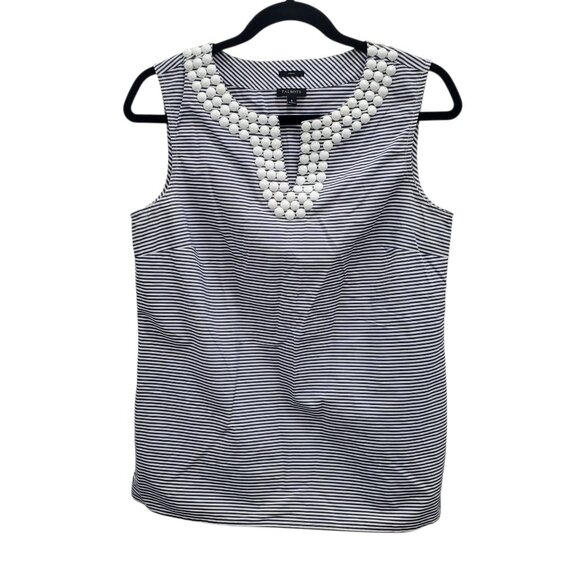 Talbots Stretch Navy White Stripe Preppy Nautical Beaded Notched‎ V-Neck Tank 8 - Picture 1 of 6